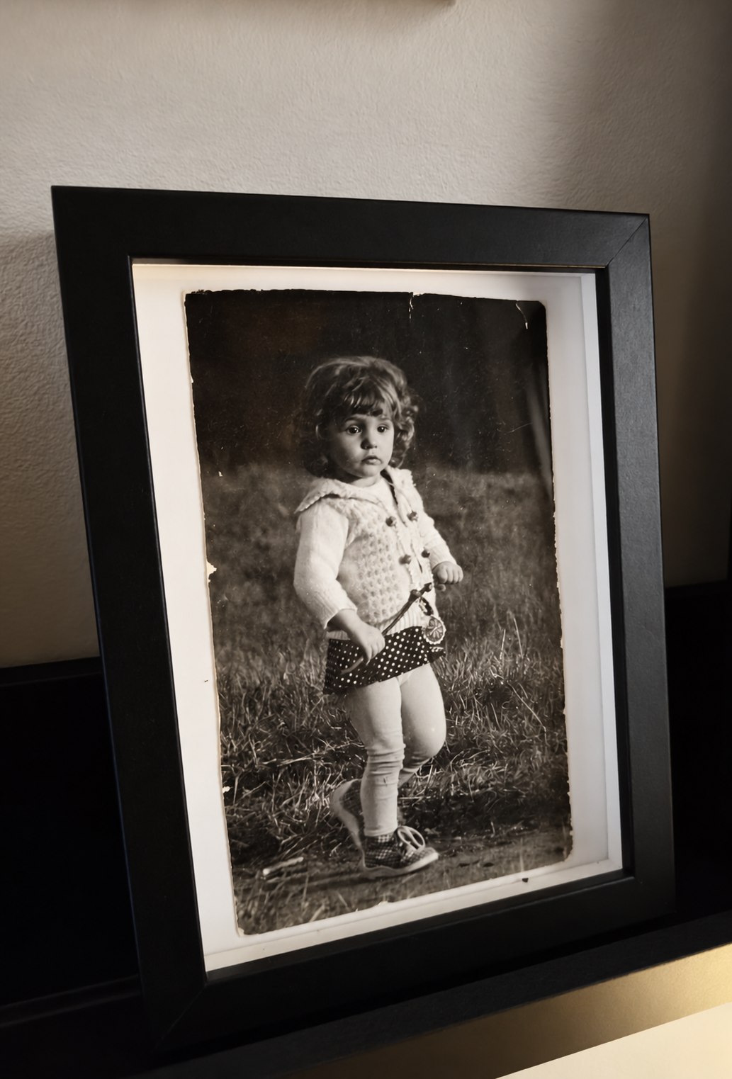Fotografia autorki w wieku około trzech lat, w ramce na półce